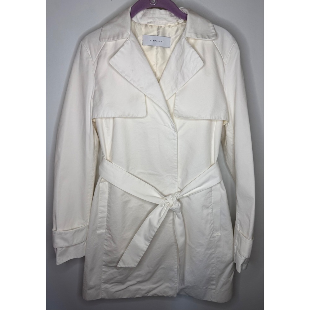 T Tahari Womens White Cotton Eyelet Lace Back Trench Coat Jacket Size XS